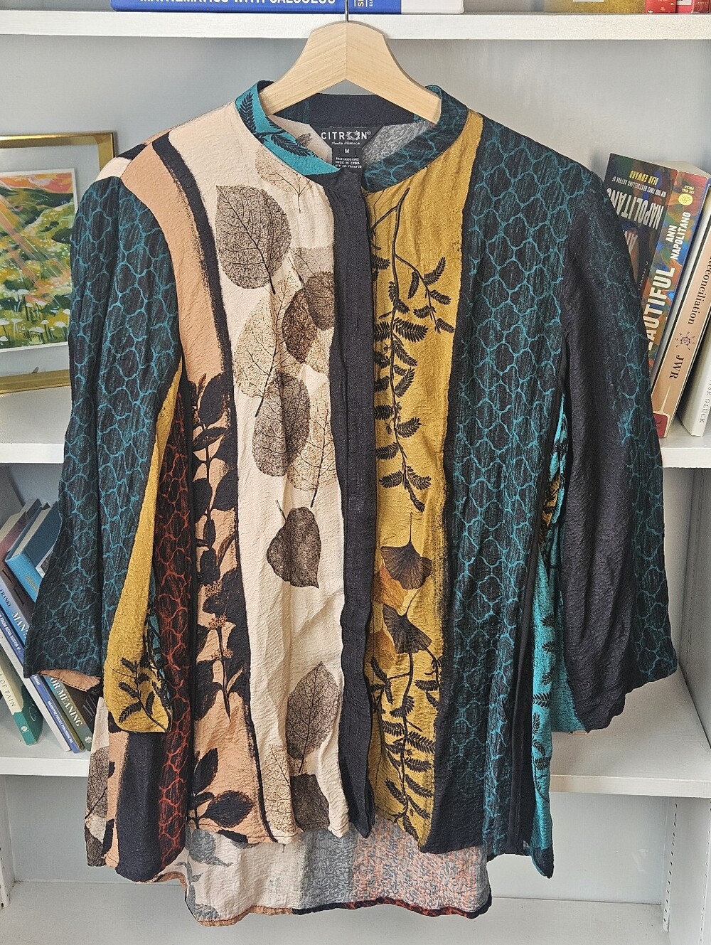 Citron Silk Blend Patchwork Button-Up Blouse Floral Medium Lagenlook Boho